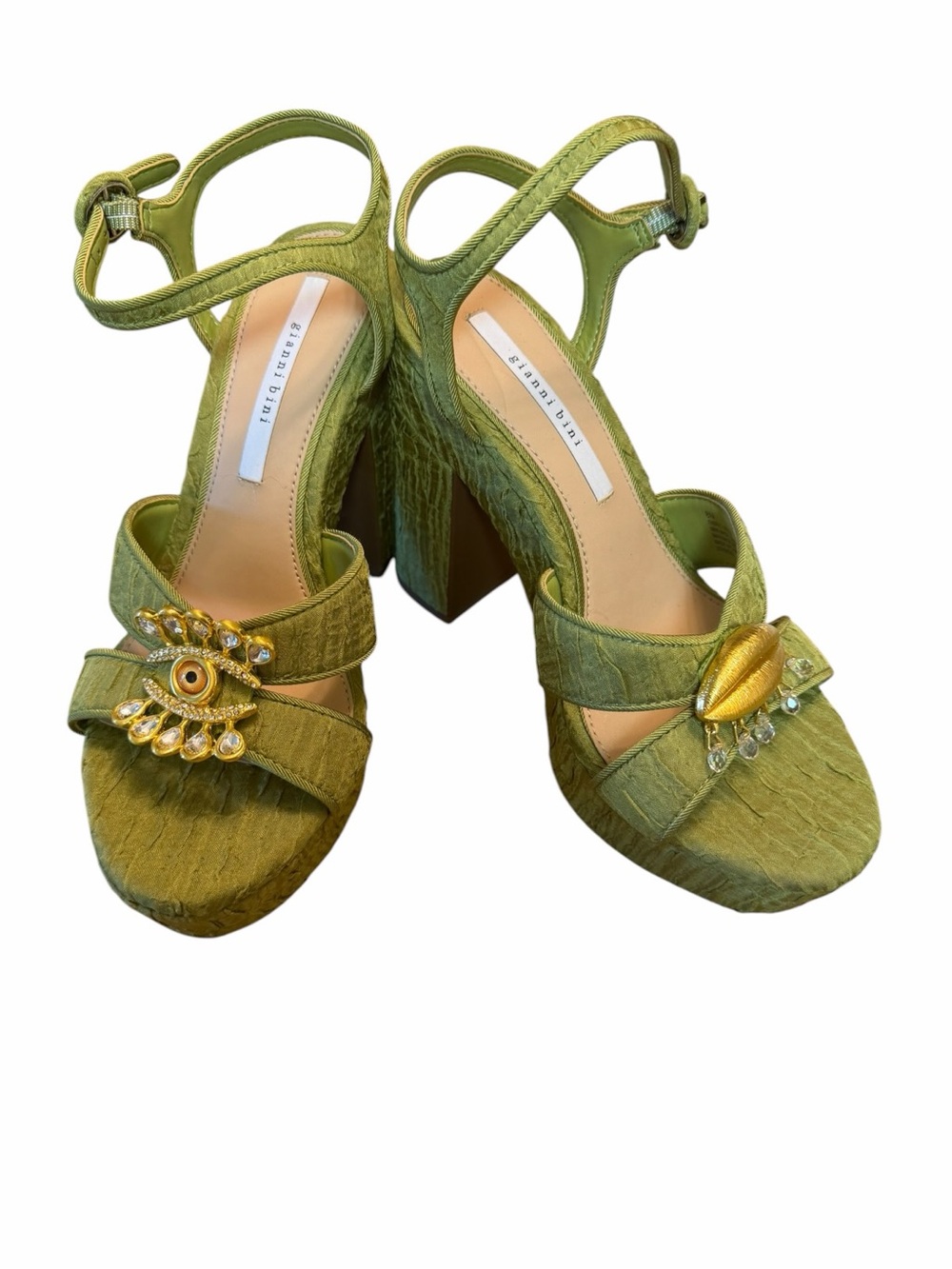 Gianni Bini Olive Green Jeweled Block Heel Sandals